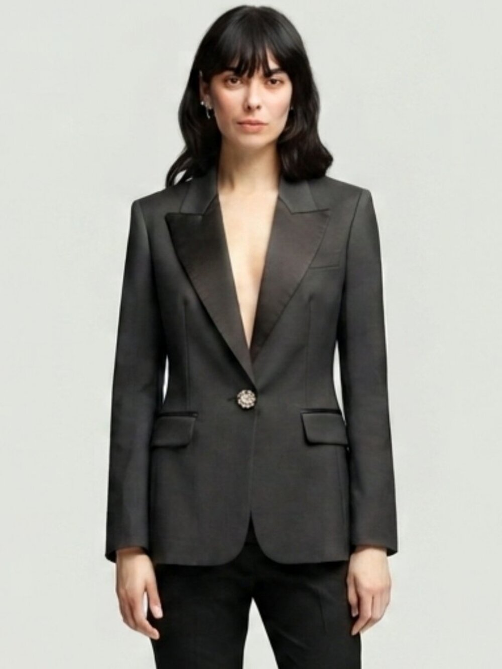 Nipon Boutique Satin Tuxedo Blazer Crystal Embellished Formal Jacket Black 10